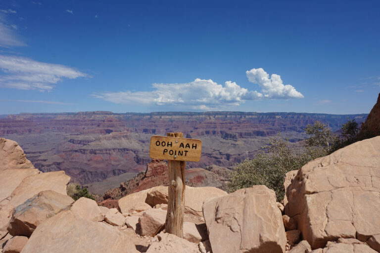 An image of the Grand Canyon's 'Ooh Ahh Point' on a sunny day with clear blue skies. Grand Canyon, Arizona. Image Credit: Rosie Buddell