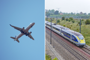 Fly one way holidays: the new normal? Two images side by side, on of a plane in flight, and one of a Eurostar train on a track.